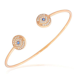 925 Sterling Silver Yellow Gold-Tone White Blue CZ Evil Eye Open End Bangle Bracelet