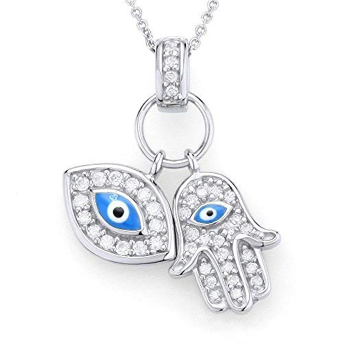 Dainty Hamsa and Evil Eye Necklace Pendant Sterling Silver