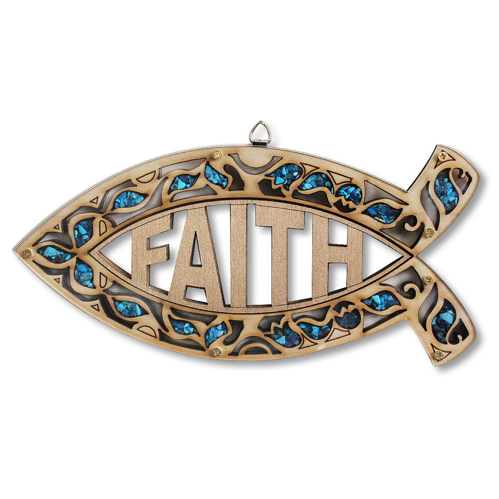 Wooden Christianity Faith Ichthys Fish Wall Decor with Simulated Gemstones - Made in Israel
