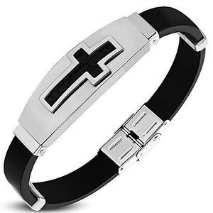 Stainless Steel Two-Tone Black Rubber Religious Cross Mens Bracelet