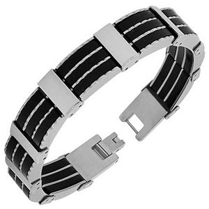Stainless Steel Silver Black Two-Tone Link Chain Mens Bracelet with Clasp