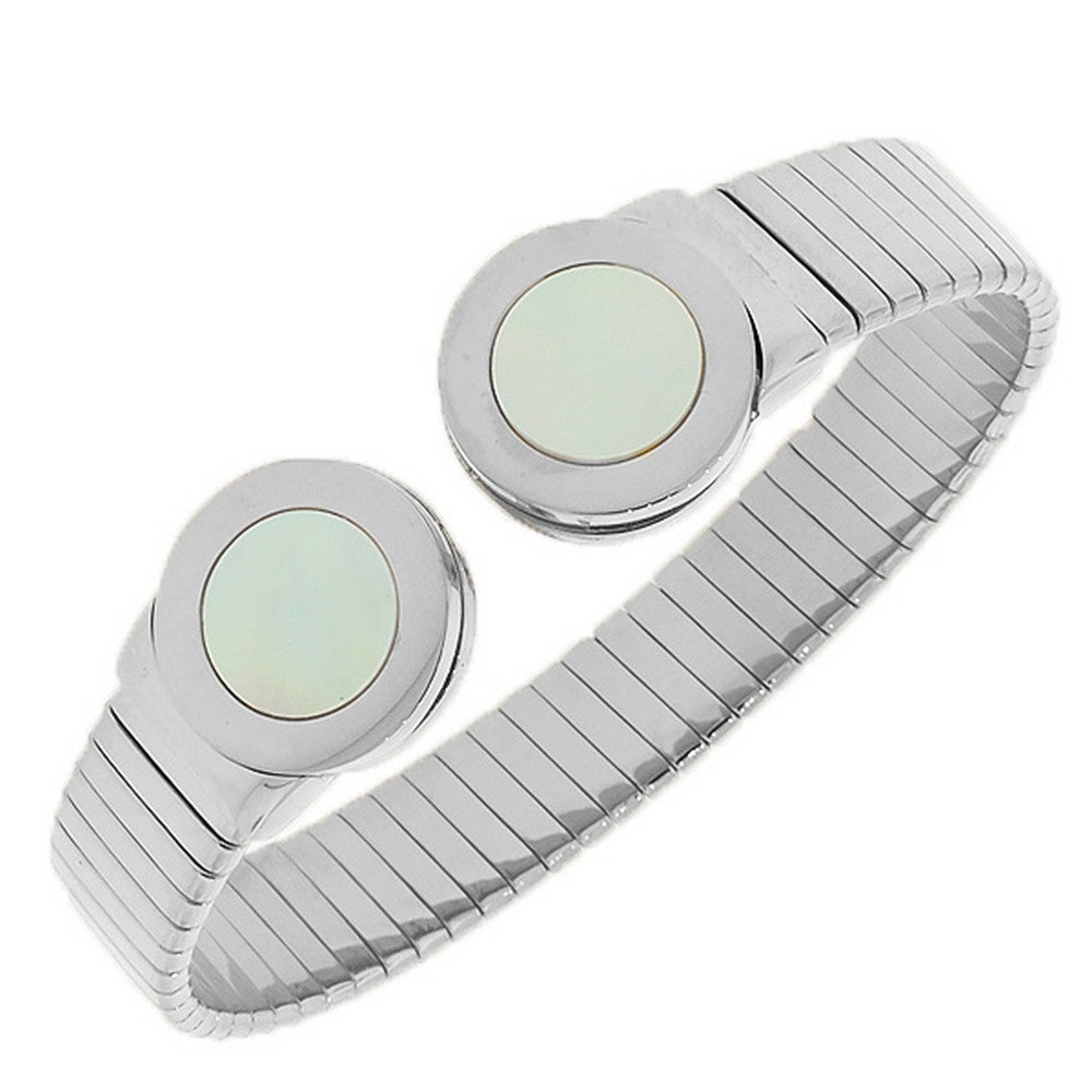 Stainless Steel Silver-Tone Simulated Mother-of-Pearl Open End Bracelet