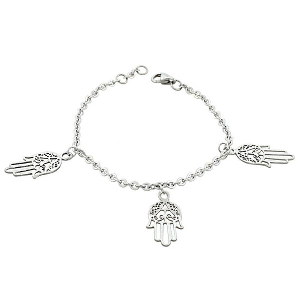 Stainless Steel Silver-Tone Three Triple Hamsa Bangle Chain Bracelet