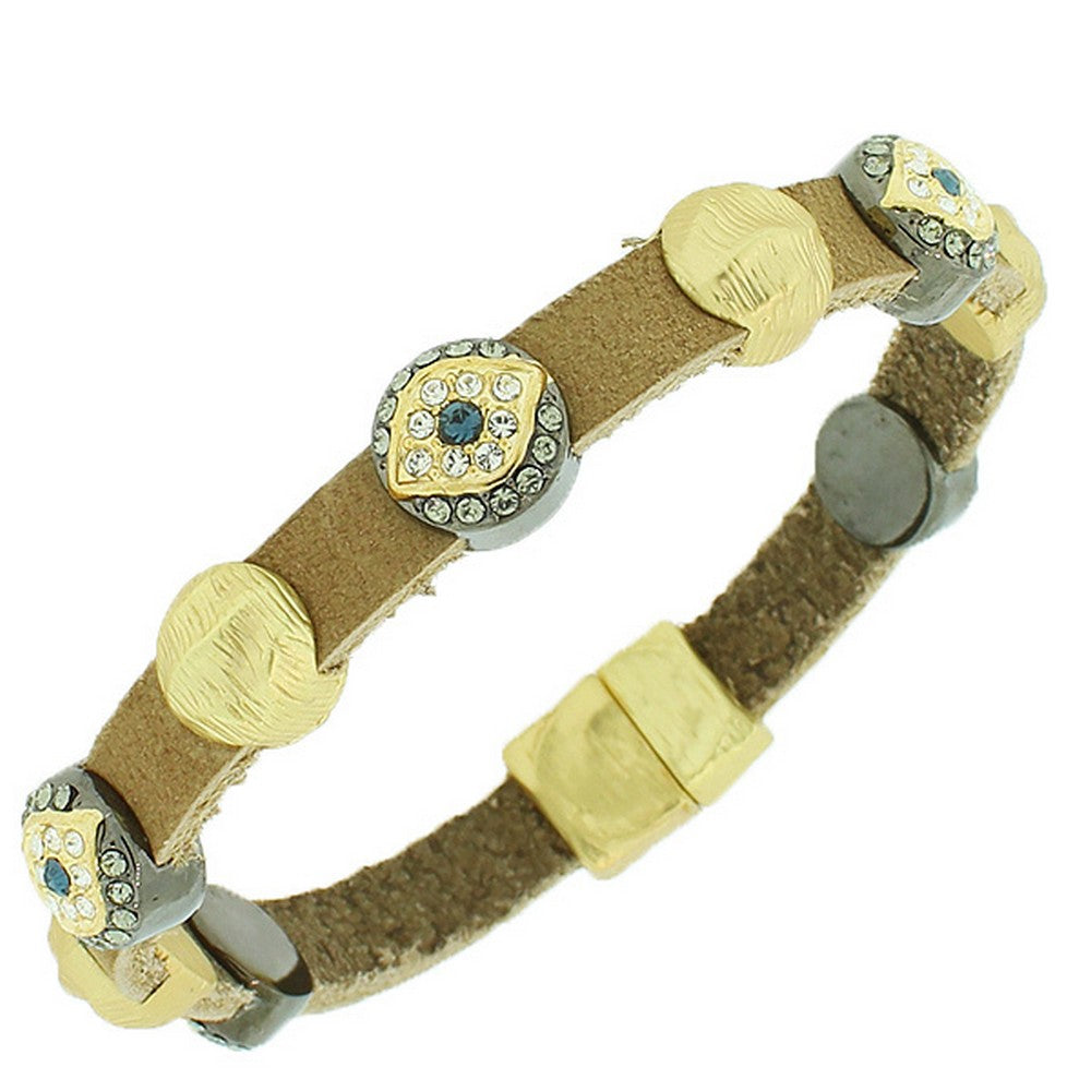Fashion Alloy Brown Leather Yellow Gold-Tone White CZ Evil Eye Bangle Bracelet