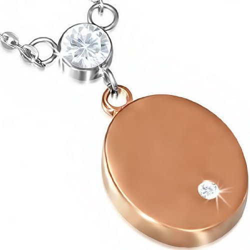 Stainless Steel Silver Yellow Gold Two-Tone Oval Charm White CZ Pendant Necklace