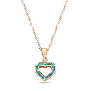 925 Sterling Silver Blue Turquoise-Tone Simulated Opal Love Heart Stud Earrings Pendant Necklace Set
