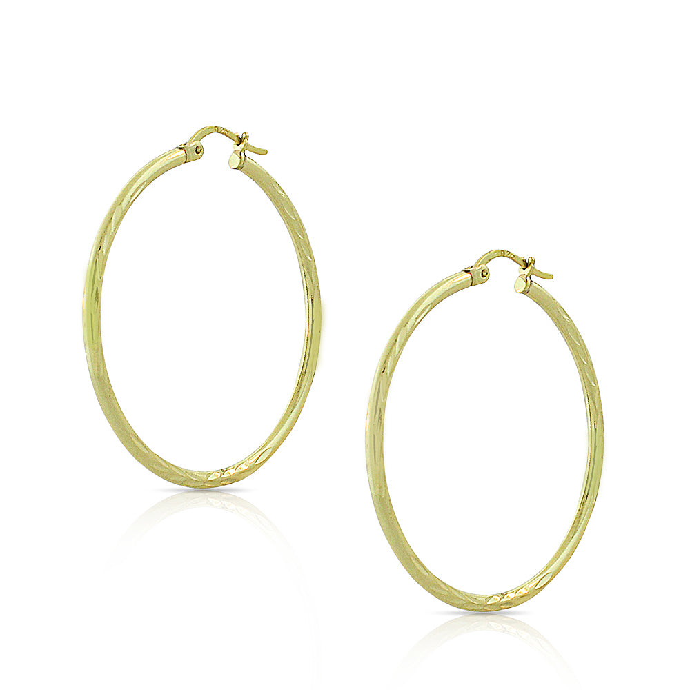 Sterling Silver Yellow Gold-Tone Floral Design Round Hoop Earrings, 1.35"