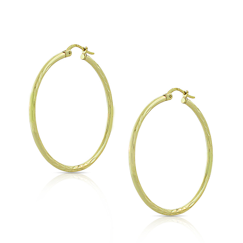 925 Sterling Silver Yellow Gold-Tone Floral Design Round Hoop Earrings, 1.35"