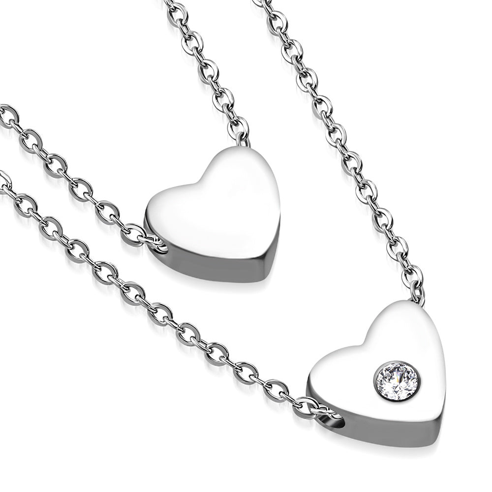Stainless Steel Silver-Tone Double Chain White CZ Love Heart Necklace