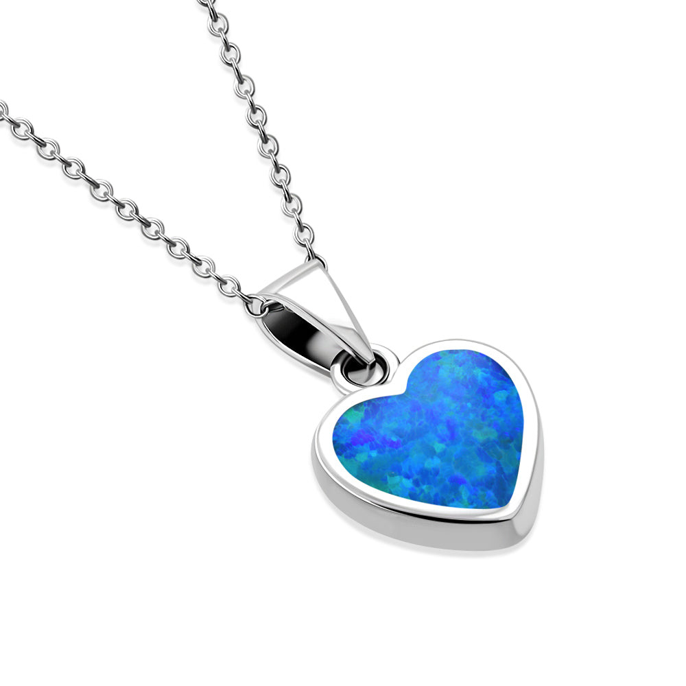 Blue Simulated Opal Heart Pendant Necklace 925 Sterling Silver, 18"