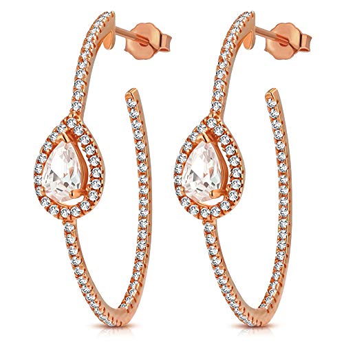 925 Sterling Silver White Clear Teardrop CZ Half-Hoop Oval Earrings, 1.20"