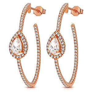 925 Sterling Silver White Clear Teardrop CZ Half-Hoop Oval Earrings, 1.20"