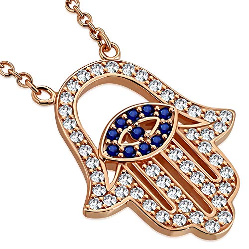 925 Sterling Silver Evil Eye Hamsa White Blue CZ Womens Pendant Necklace