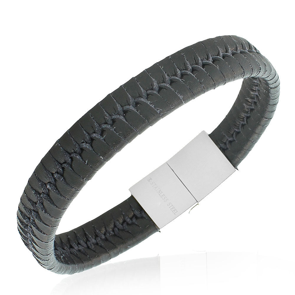 Stainless Steel Black Braided Leather Silver-Tone Mens Wristband Bracelet