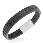 Stainless Steel Black Braided Leather Silver-Tone Mens Wristband Bracelet