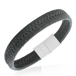 Stainless Steel Black Braided Leather Silver-Tone Mens Wristband Bracelet