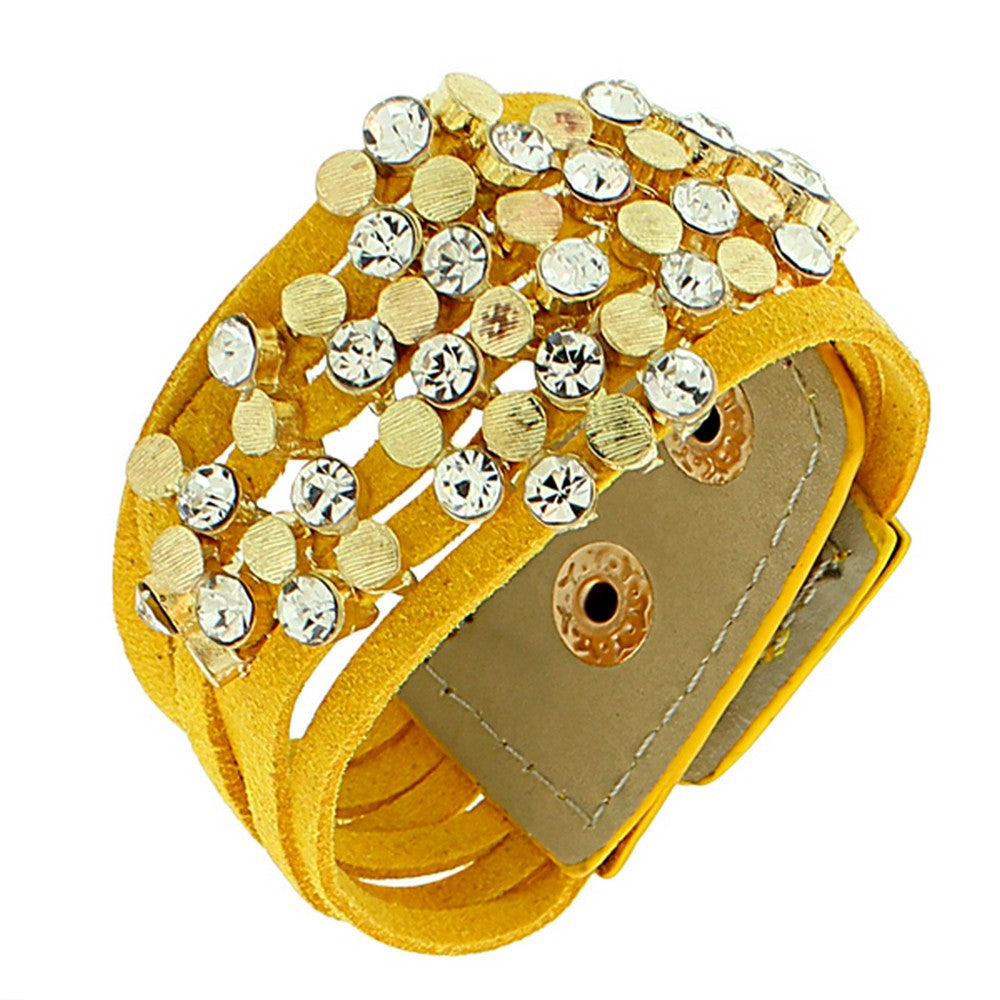 Faux Orange Suede Leather Yellow Gold-Tone White CZ Wristband Wrap Bracelet