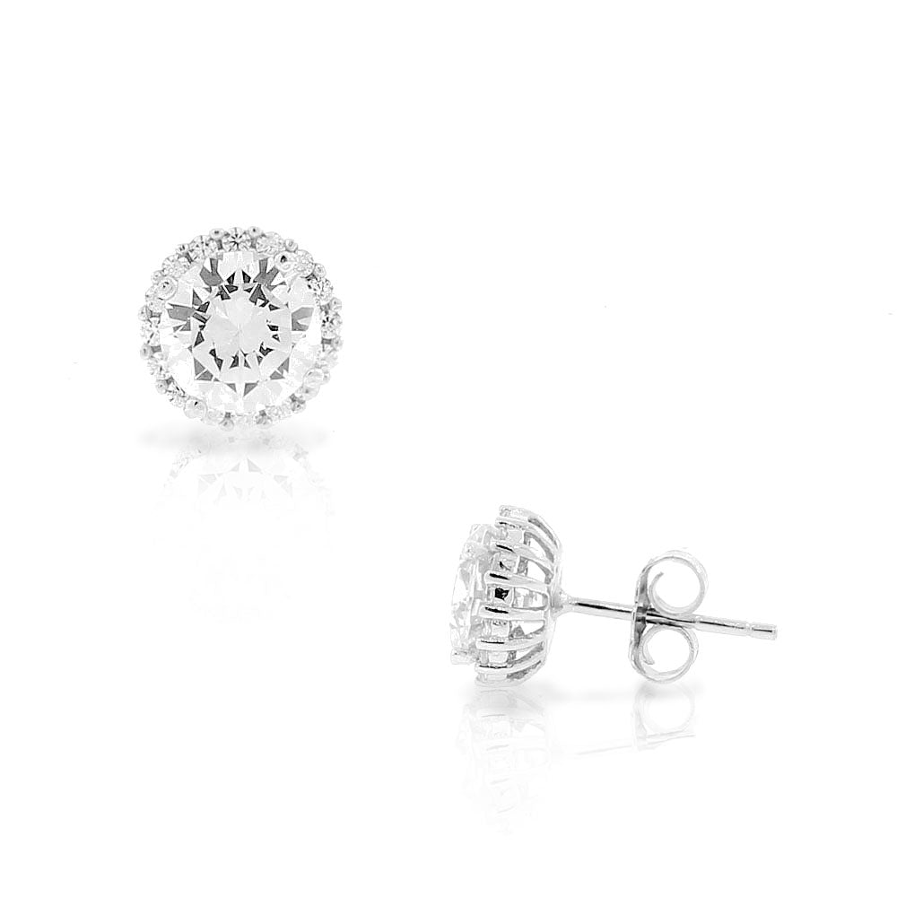 Sterling Silver White Clear CZ Classic Stud Earrings