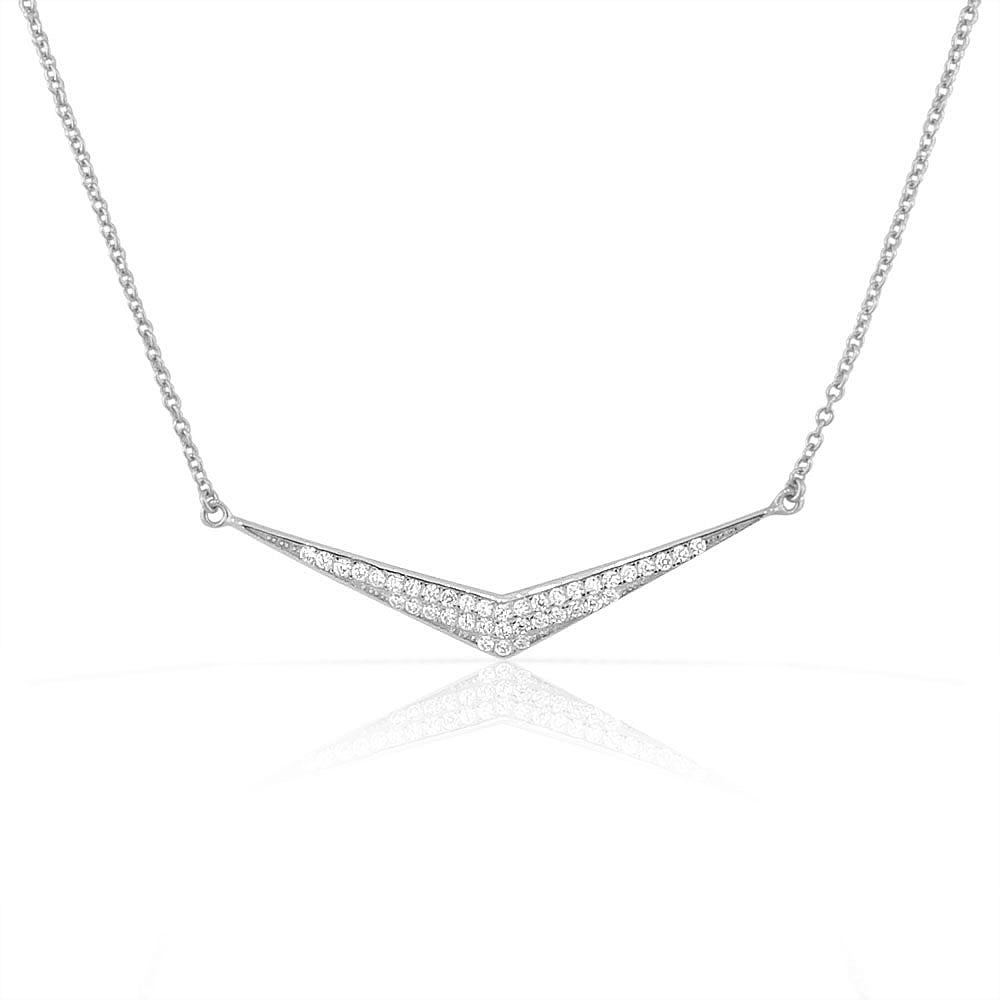 925 Sterling Silver White CZ Sideways Bar Pendant Necklace