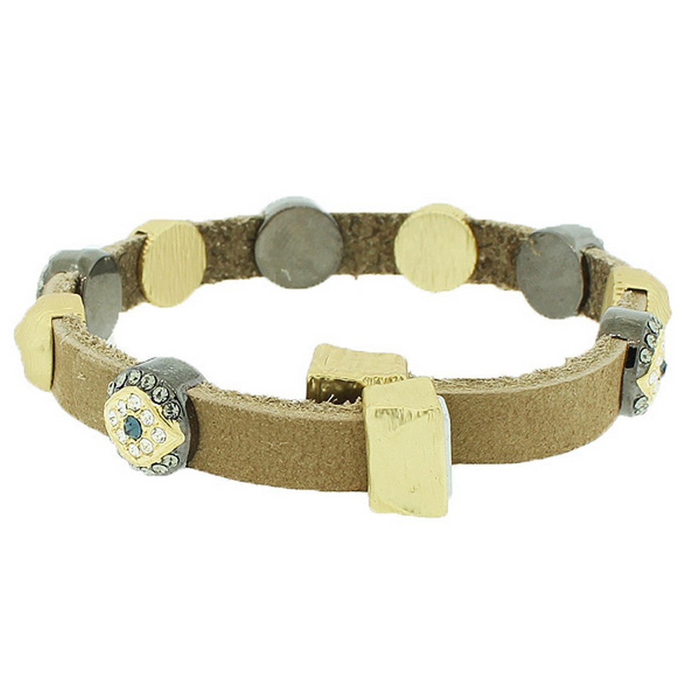 Fashion Alloy Brown Leather Yellow Gold-Tone White CZ Evil Eye Bangle Bracelet