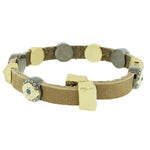 Fashion Alloy Brown Leather Yellow Gold-Tone White CZ Evil Eye Bangle Bracelet