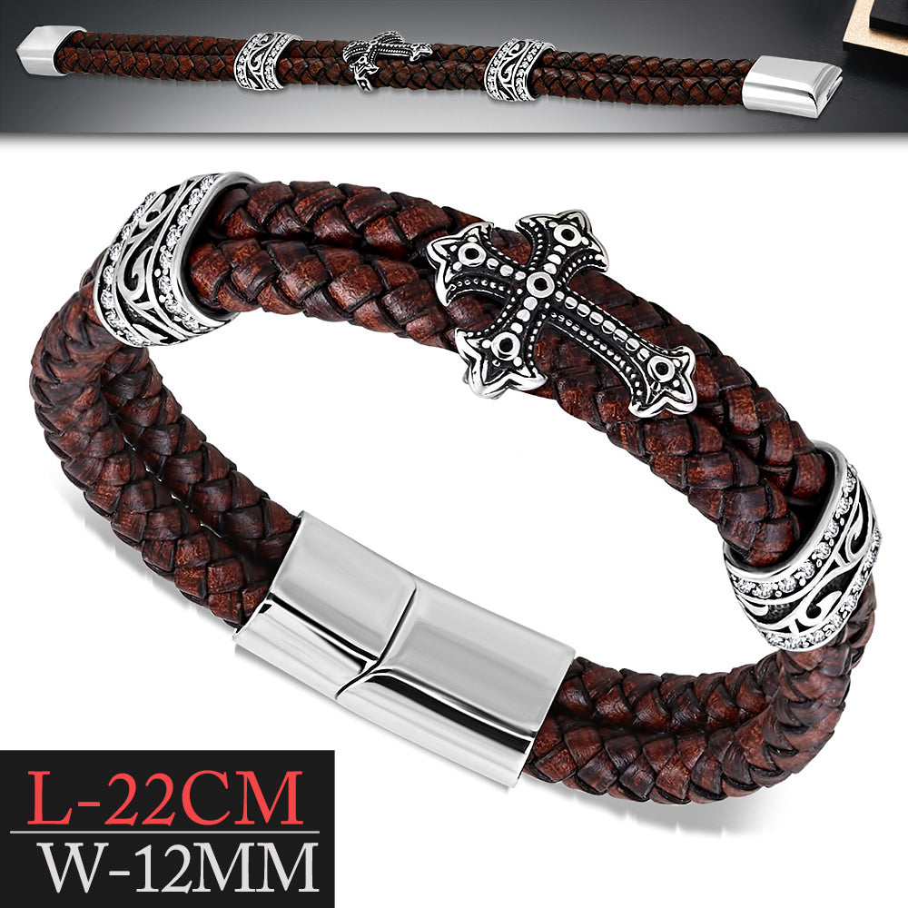 Stainless Steel Silver-Tone Braided Leather CZ Cross Mens Cuff Bracelet, 8.5"