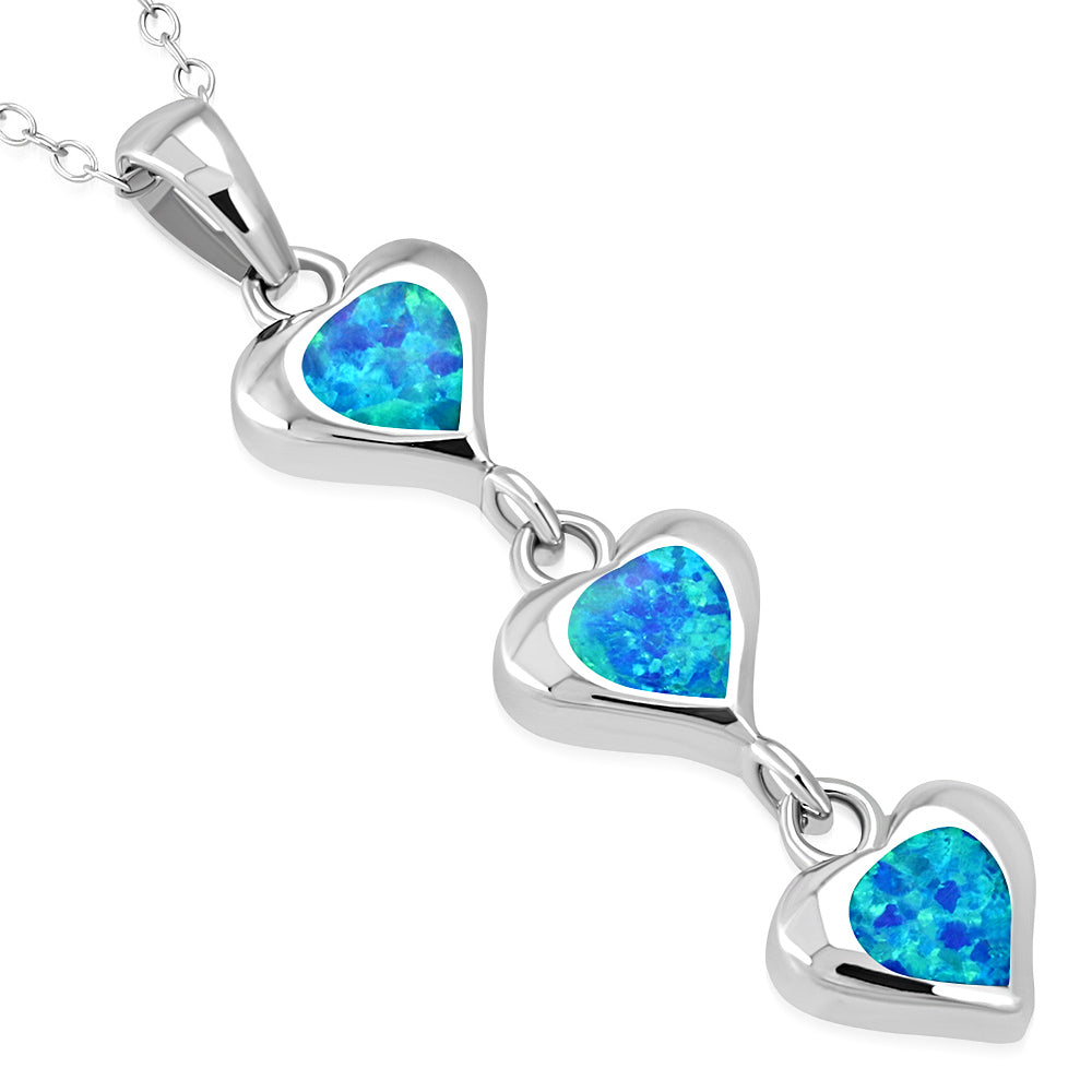 Triple Heart Love 925 Sterling Silver Blue Simulated Opal Pendant Necklace