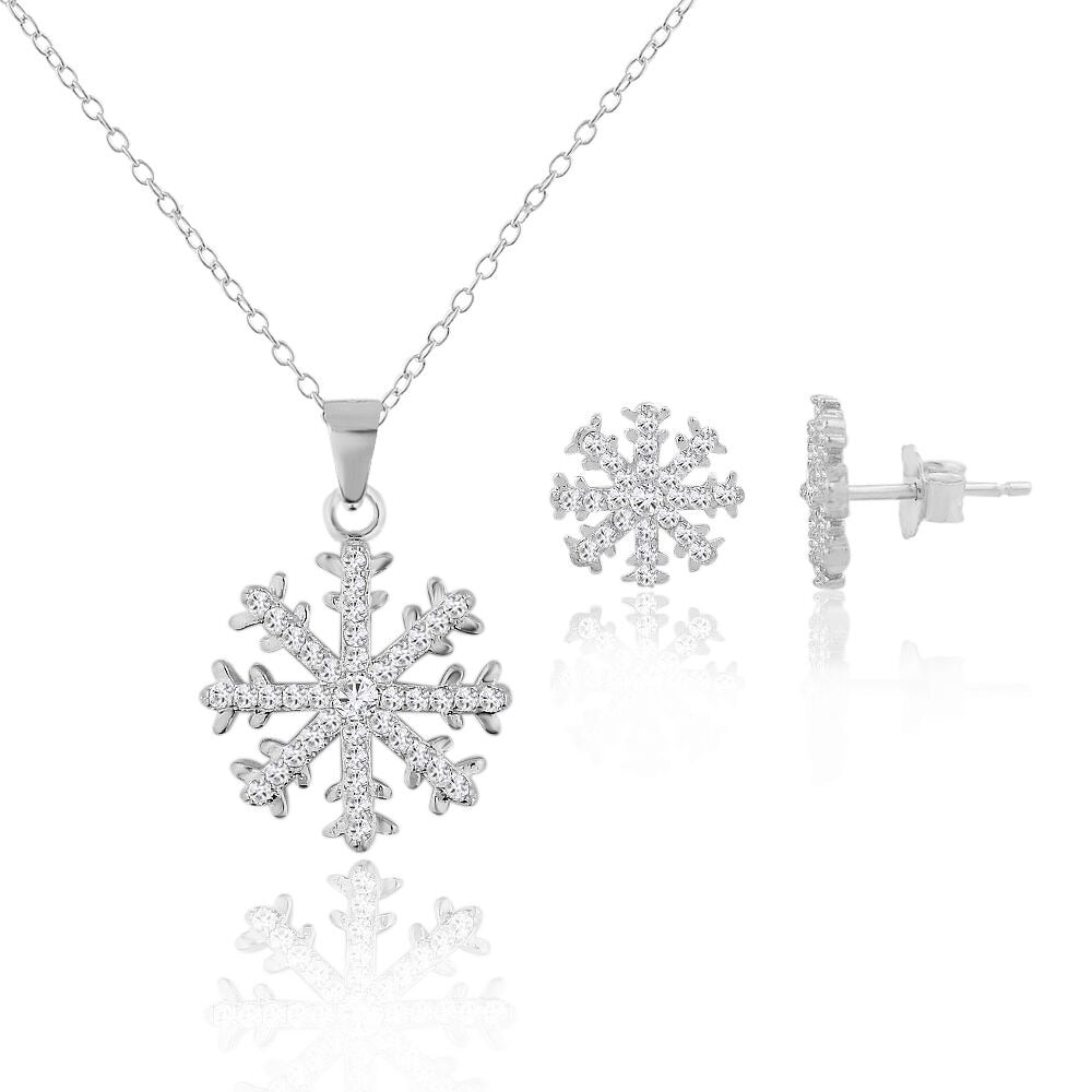 Sterling Silver Clear White CZ Snowflake Pendant Necklace Stud Earrings Set