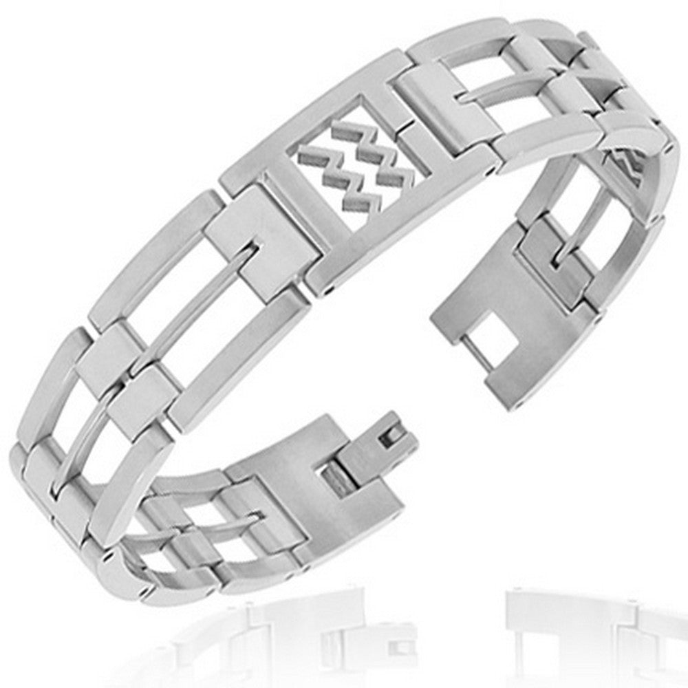 Stainless Steel Silver-Tone Link Chain Zodiac Sign Aquarius Mens Bracelet