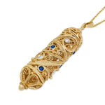 My Daily Styles Gold Tone Plated Mezuzah Pendant Necklace with Blue & White CZ Stones – Jewish Mezuzah Scroll Pendant with Filigree Design – Elegant Judaica Jewelry