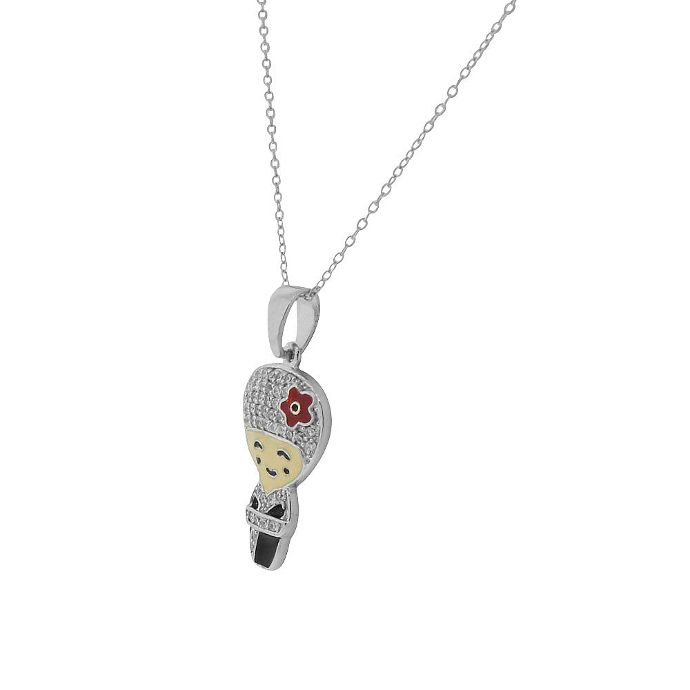 925 Sterling Silver Red Black Enamel White Clear CZ Kimono Geisha Pendant Necklace