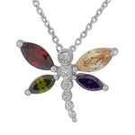 925 Sterling Silver Multicolor CZ Dragonfly Pendant Necklace Chain