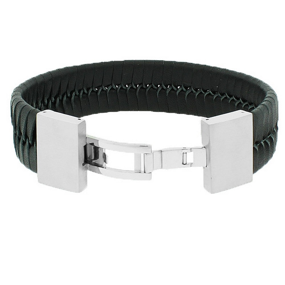 Stainless Steel Black Leather Silver-Tone Braided Men's Bracelet