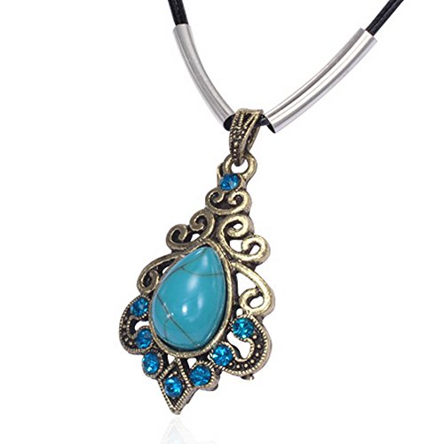 Fashion Alloy Turquoise-Tone Flower Spiral Teardrop Charm Blue Black Chain Pendant