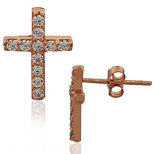 925 Sterling Silver Rose Gold-Tone White CZ Classic Cross Religious Womens Girls Stud Earrings