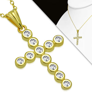 925 Sterling Silver White Clear Bezel-Set CZ Religious Cross Pendant Necklace, 18"