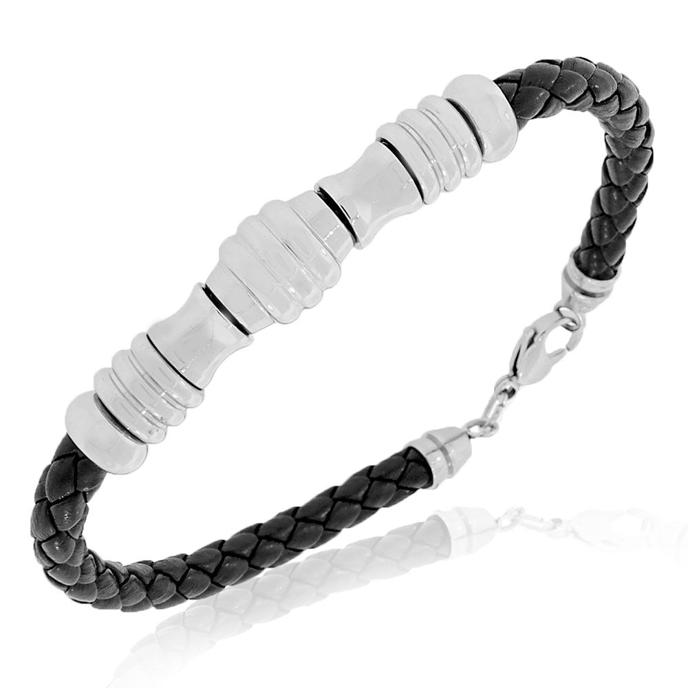 Stainless Steel Black Leather Braided Mens Bracelet