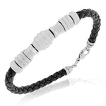 Stainless Steel Black Leather Braided Mens Bracelet