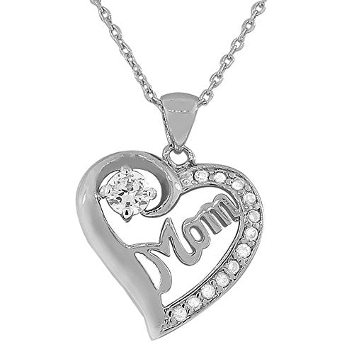 Sterling Silver Yellow Gold-Tone Love Heart Mom Mother CZ Pendant Necklace