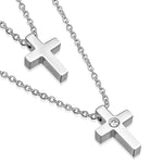Stainless Steel Silver-Tone Double Chain White CZ Religious Cross Necklace