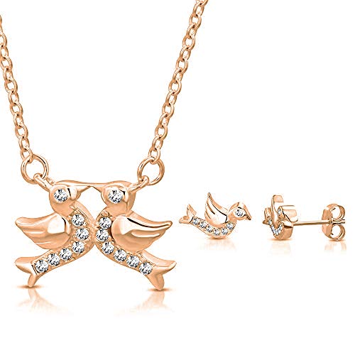 925 Sterling Silver Rose Gold-Tone CZ Small Love Birds Lovebirds Pendant Stud Earrings Jewelry Set