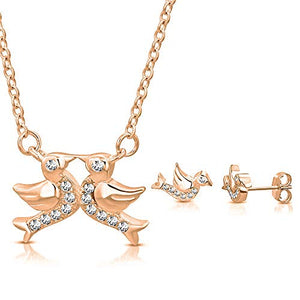 925 Sterling Silver Rose Gold-Tone CZ Small Love Birds Lovebirds Pendant Stud Earrings Jewelry Set