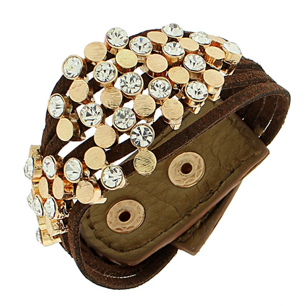 Faux Brown Suede Leather Yellow Gold-Tone White CZ Wristband Wrap Bracelet