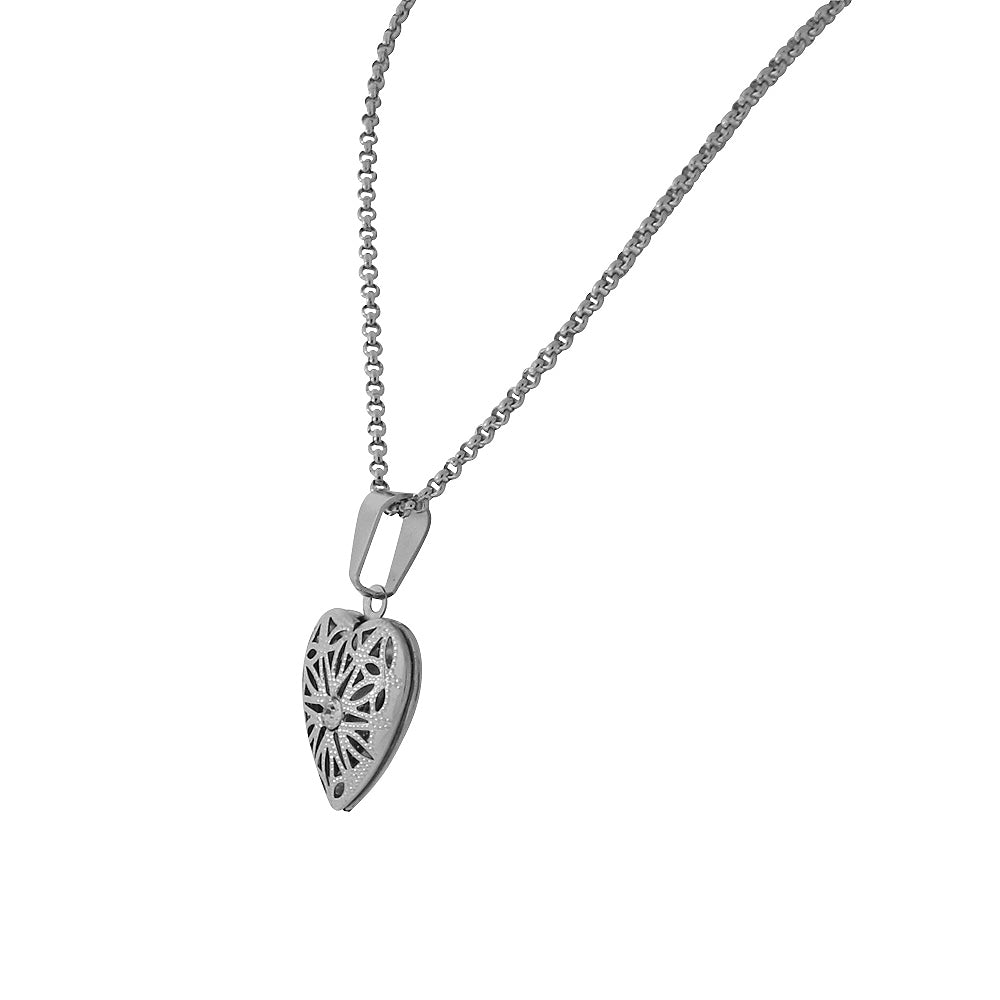 Stainless Steel Silver-Tone Love Heart White Clear CZ Locket Pendant Necklace