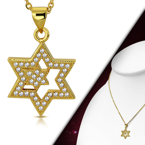 Stainless Steel CZ Jewish Star of David Pendant Necklace, 18"