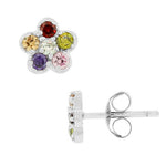 925 Sterling Silver Multicolor CZ Flowers Stud Earrings