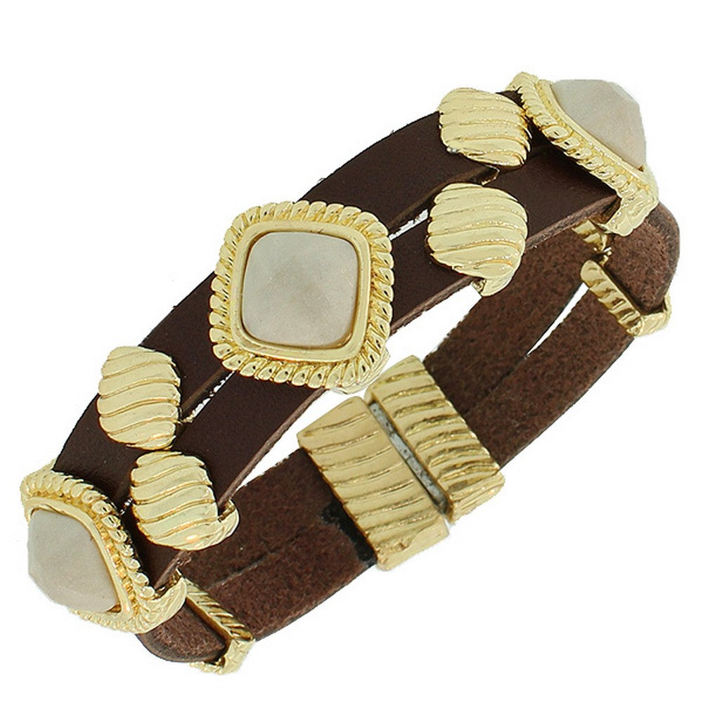 Fashion Alloy Brown Faux PU Leather Yellow Gold-Tone White Wristband Bracelet