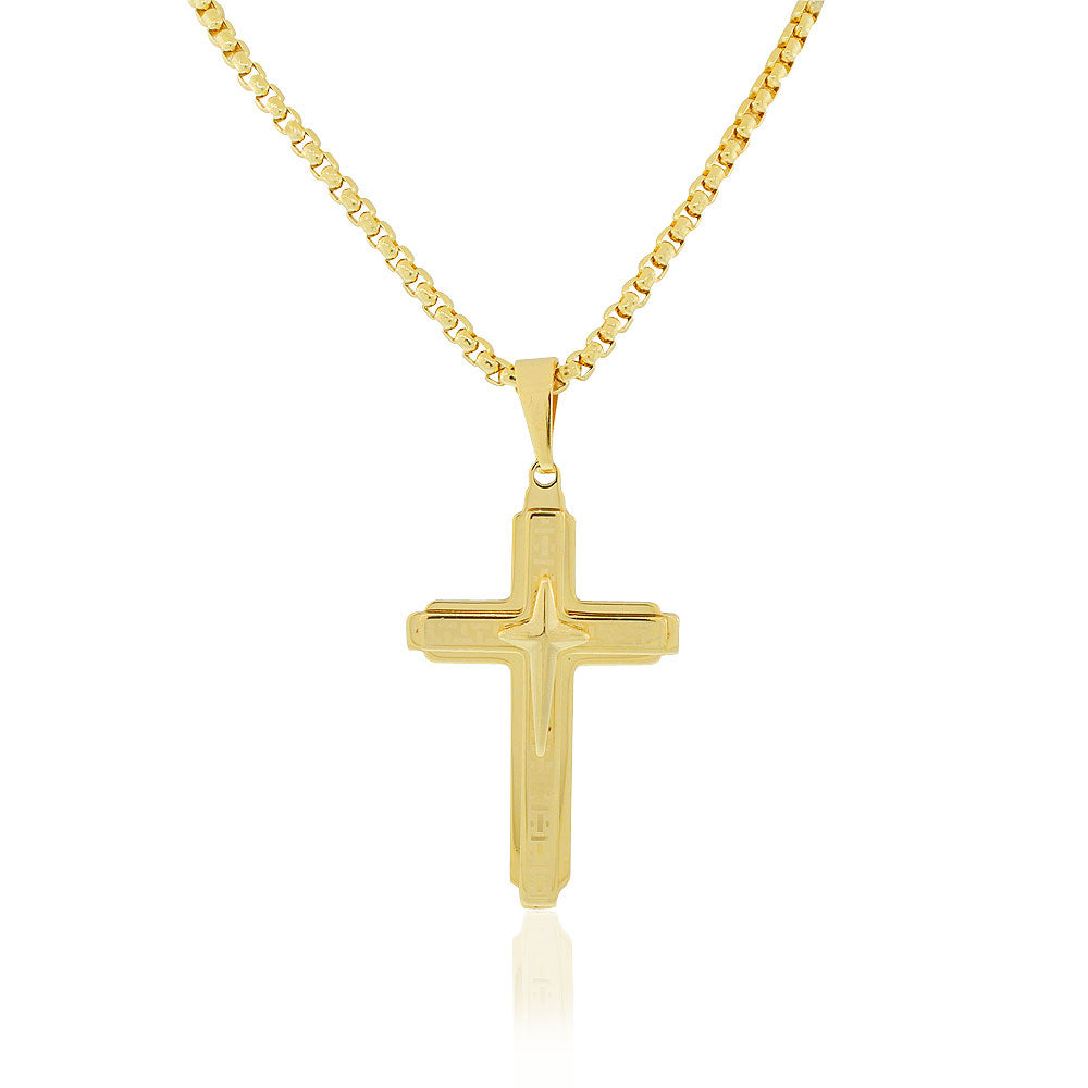 Stainless Steel Yellow Gold-Tone Large Statement Mens Cross Pendant Necklace