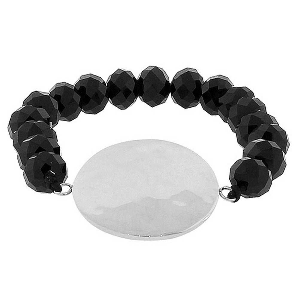 Stainless Steel Black Beads Round Hammered Finish Silver-Tone Beaded Stretch Bracelet