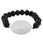Stainless Steel Black Beads Round Hammered Finish Silver-Tone Beaded Stretch Bracelet